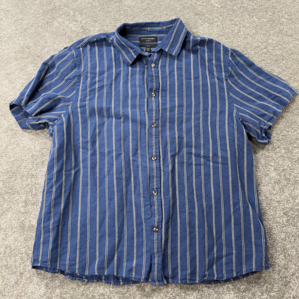 Banana Republic Shirt Mens XXL Blue White Striped Linen Blend Slim Fit 889550 06